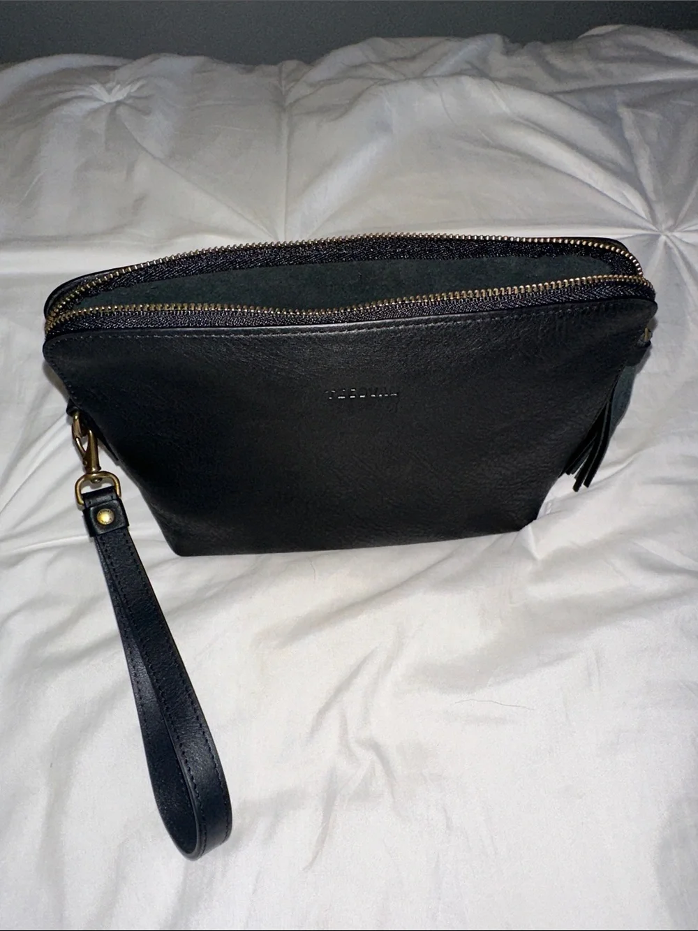 Tecova Black Leather Zip Pouch with Tassel